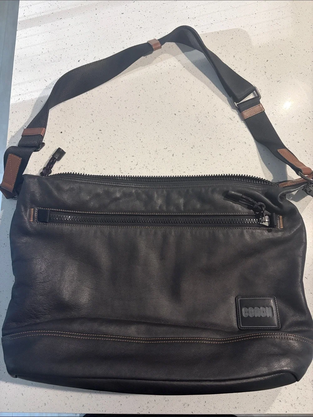 Coach Black Leather Messenger Bag with Brown Trim